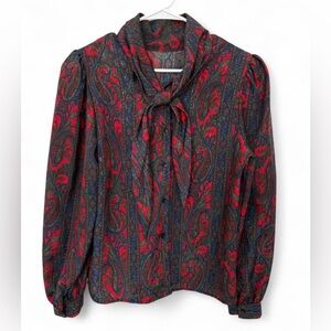 Women's Vintage Eva Laurel Paisley Print Neck Tie‎ Button Down Blouse Size 10